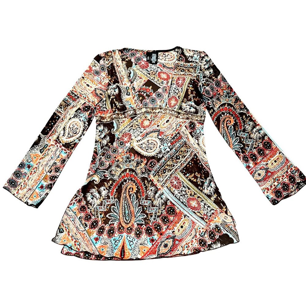 Mix It Paisley Print Deep V Neck Medium Boho Chic Patchwork Empire Waist Trim - Picture 12 of 15